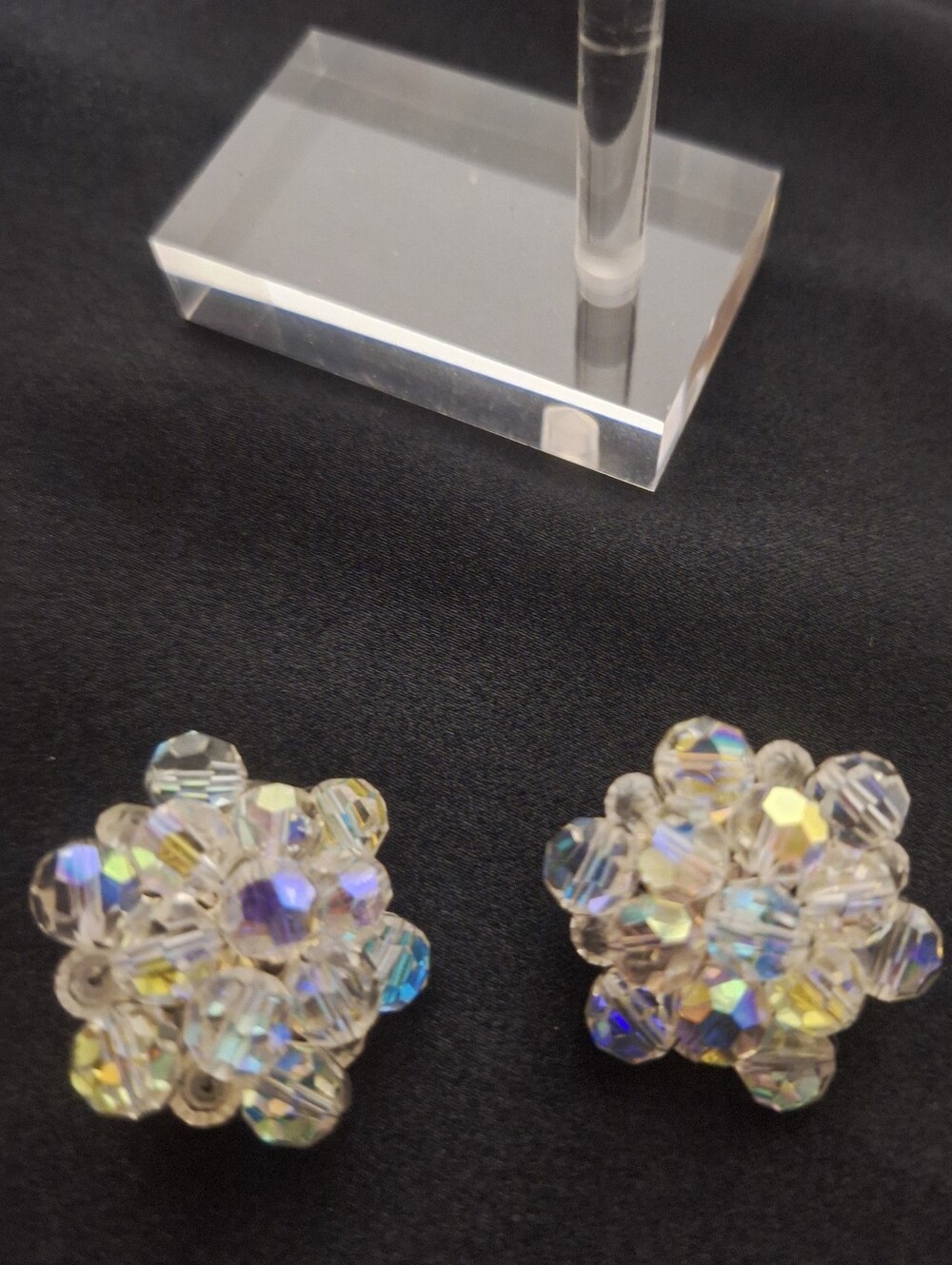 Vintage Crystal Cluster Clip-On Earrings - Iridescent Clear
